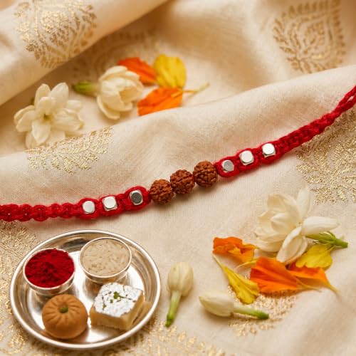 Image of Rakhi Set of 1 for Brother | Premium Rudraksha & Chandan Rakhi with Kundan Stone Designer Thread | Traditional Handmade Rakhi for Bhai, Brother, Bhaiya | Greeting Card Included | Multicolor