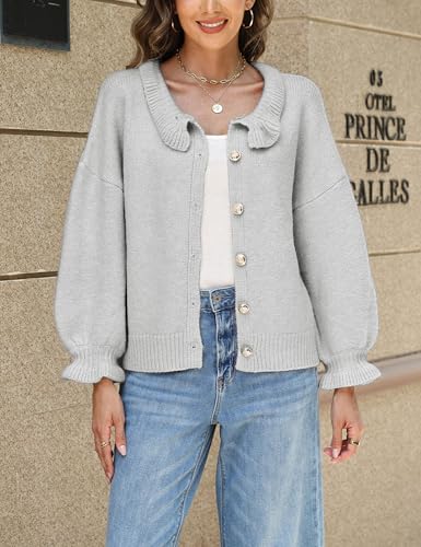 Womens Ruffle Cuff Cardigan Button Up Ribbed Floral Collar Open Front Long Sleeve Loose Knitwear Sweater2