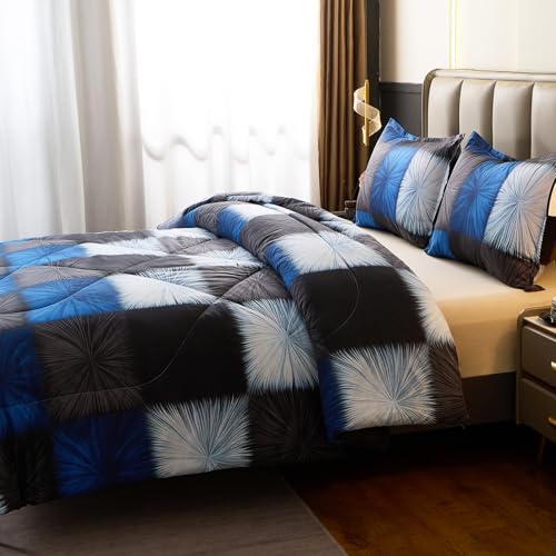 Image of Caressma Plaid Comforter Set Black and Navy Blue, Twin Size Black and White Checkered Comforter Bedding Set, Fluffy Black Grid Home Decor for All Seasons