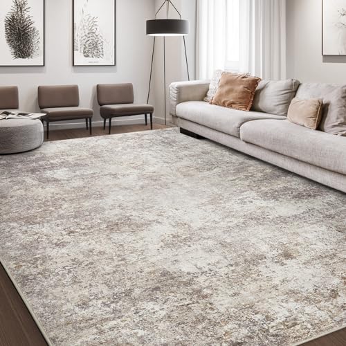 Area Rug Living Room Rugs – 9×12 Abstract Large Soft Indoor Washable Rug Neutral Modern Low Pile Carpet for Bedroom Dining Room Farmhouse Home Office – Brown