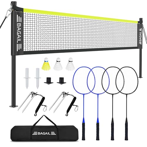 BAGAIL Outdoor Badminton Net Set with Anti-Sag Winch System - Official Size 20ft x 5ft, 4 Rackets, 3 Shuttlecocks, Durable PE Net & Carry Bag for Backyard, Beach, Family Games - Yellow