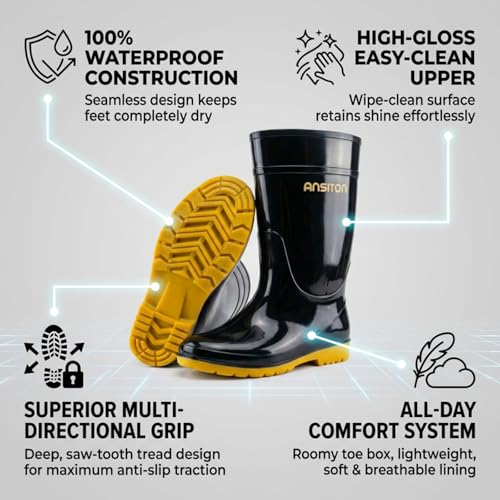 Image of Men's Black Waterproof PVC Slip - On Rain Boots - High & Mid Calf Styles, Ideal for Outdoor, Garden, Farm, Mud & Fishing, Comfortable, Durable, Easy to Clean