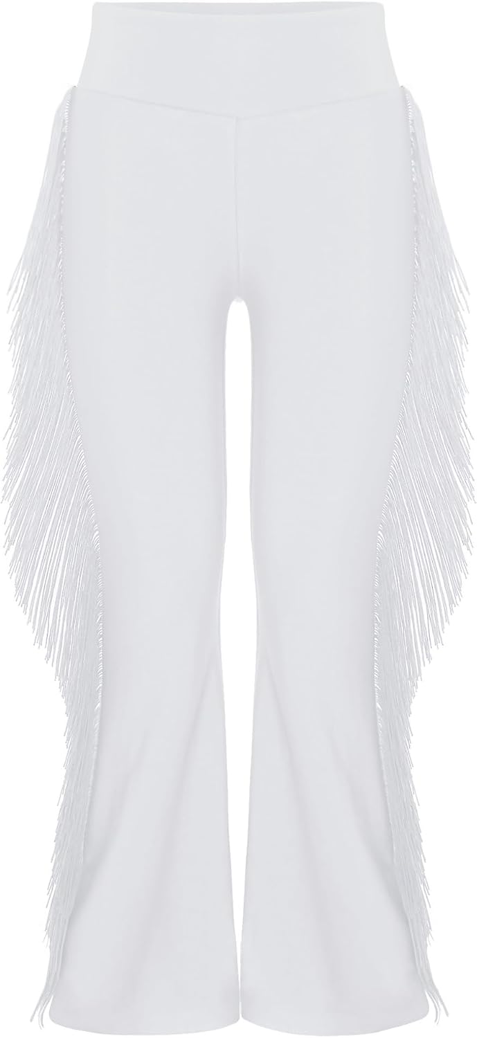 Oyolan Kids Girls Ballroom Dance Pants Latin Performance Elastic Waistband Flared Tassel Bell-Bottoms Dancewear