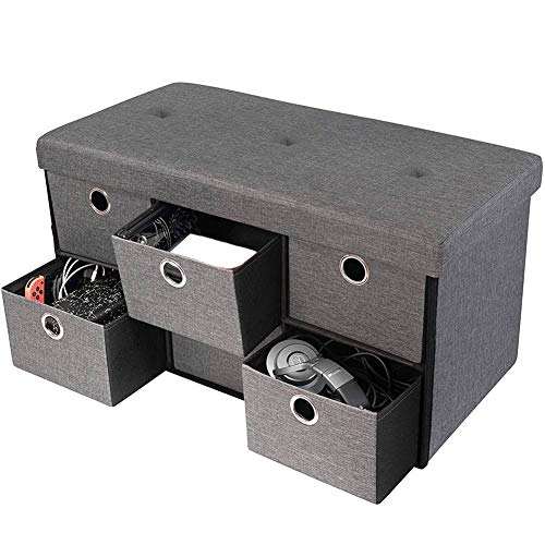 BAKAJI Meuble de Rangement avec 6 tiroirs Repose-Pieds pour Chambre à Coucher, Banc avec Structure Pliable, revêtement en Tissu, Assise Amovible, rembourré, 38 x 76 cm (Gris)