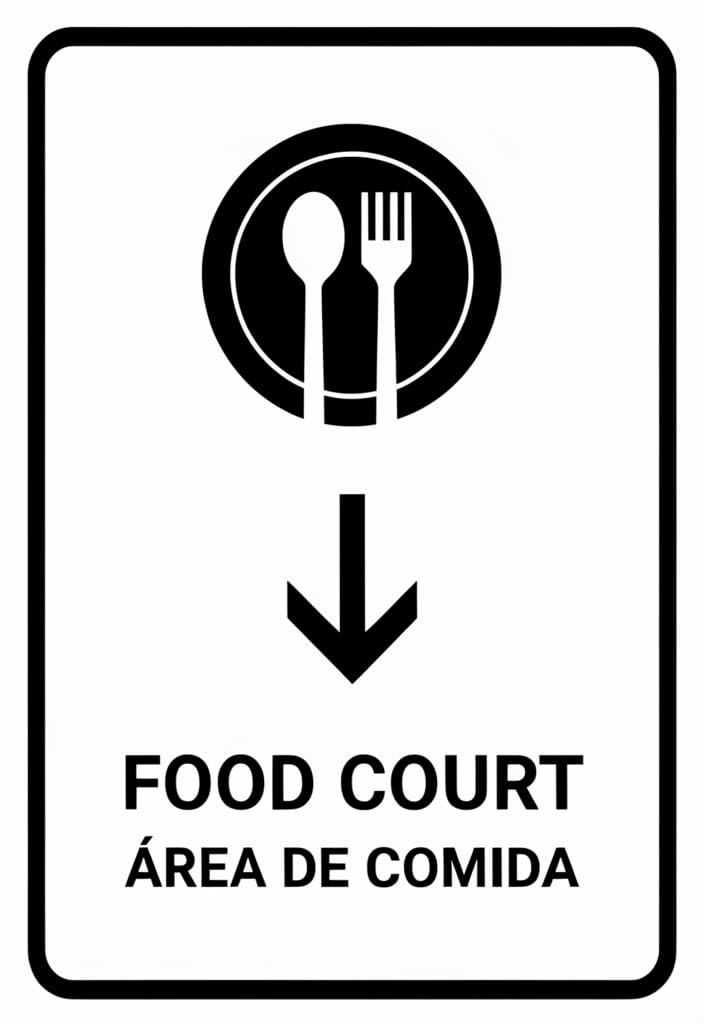 peiyeety Food Court Area De Comida Tin Sign 12x8 Inch, Bilingual Directional Metal Wall Decor with Arrow, Black and White Restaurant Cafeteria Dining Area Sign for Home Business Kitchen Mall