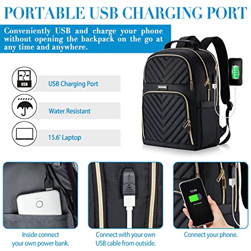Travel Laptop Backpack, School Backpack for Teen Girls, 15.6 Inch Quilted Work Backpack Purse with USB Charging Port, Large Anti-theft Bookbag for Students, Casual Daypacks for Women,Black3