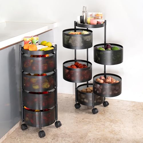 Image of MARKWELL Round Rotatable Kitchen Trolley with Wheels | Vegetable Fruit Onion Storage Rack | Multipurpose Metal Kitchen Organizer Stand | Matt Black (Round - 4 Layer)