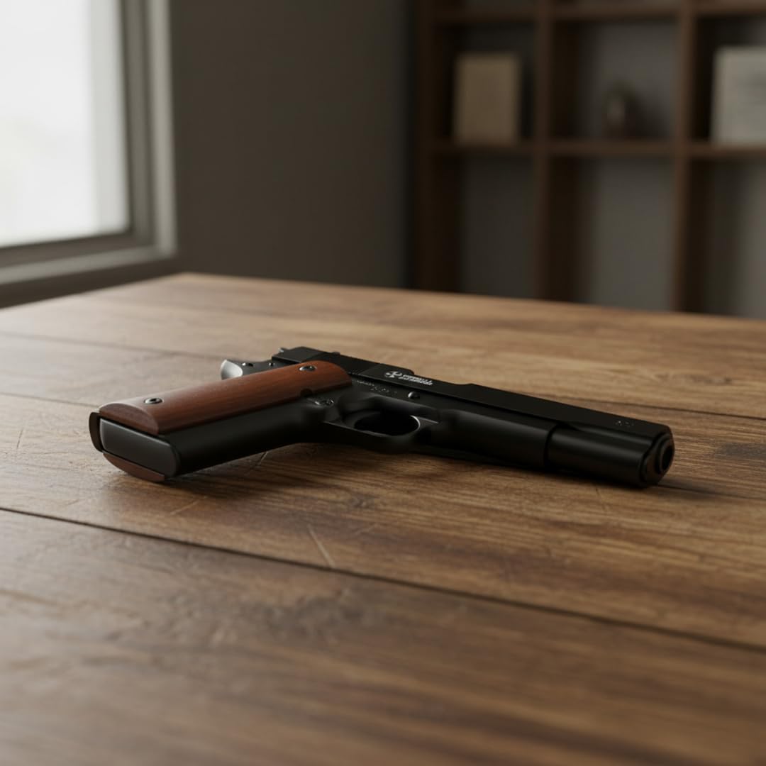 Pistola a Salve Mod. 1911 Top Firing 9 mm, Segnalatore Acustico Scacciacani/Addestramento, Nera e legno - Kit con Olio Ballistol incluso