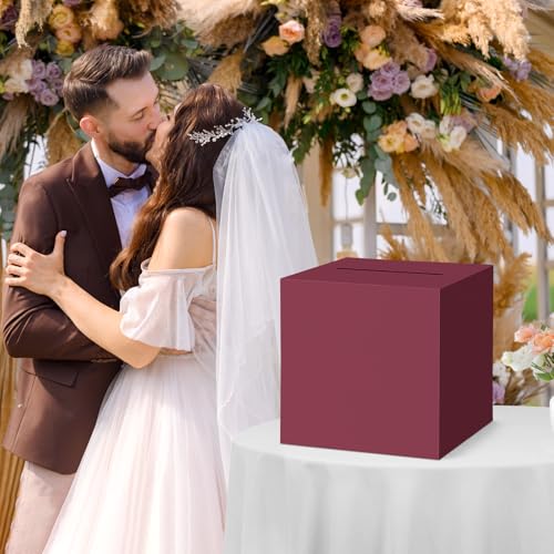 Image of Hooqict Burgundy Card Box with Slot 9.1 inch Money Gift Card Box for Graduation, Wedding, Reception, Party, Birthday, Retirement, Raffle Box Envelope Ticket Holder