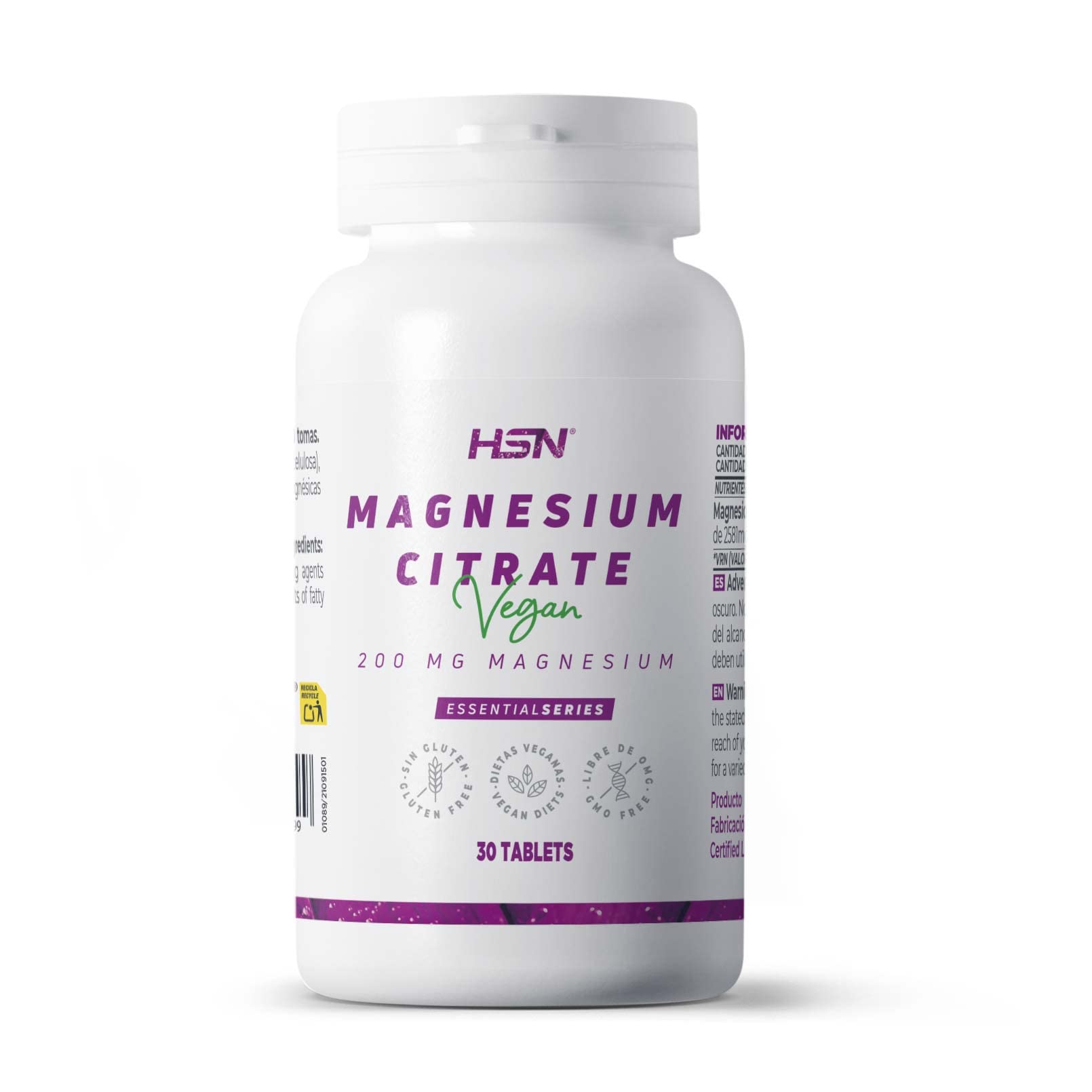 HSN Citrato de Magnesio 400 MG Mineral Elemental por dosis diaria | 30 Tabletas de Puro Magnesio de ALTA Biodisponibilidad | No-​GMO, Vegano, Sin Gluten