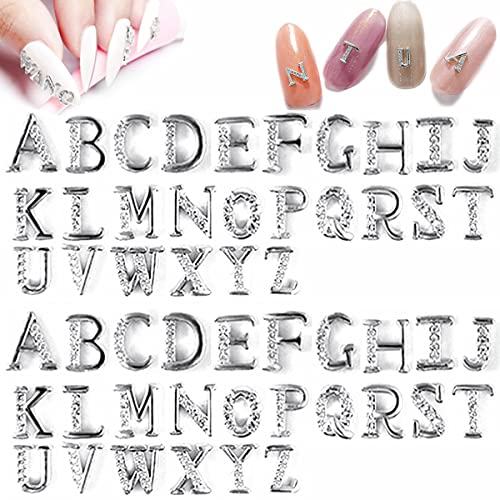Sinyanail 52 Pcs 3D Metal Nail Studs Decoration Gold Capital English Letters and Rhinestone DIY Designs Supplies for Women Gril (silver)