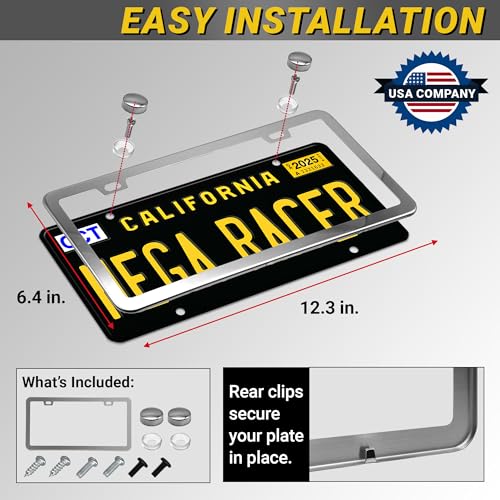 Image of Premium Slim Mirror Chrome License Plate Frame - 1 Piece, Rust-Free Stainless Steel, Rattle-Free, Street Legal Universal with Screw Caps, Thin Silver Metal Front or Rear Car Tag Holder for Men & Women