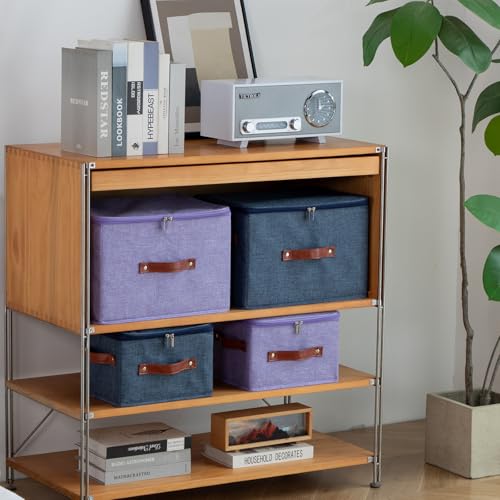 Image of Storage Bin Box with Zippered Lid Cotton Linen Fabric Decorative Basket PU Leather Handles PP Plastic Board Foldable Lidded Clothing Shelf Closet Organizer Container (Denim Blue, Large)