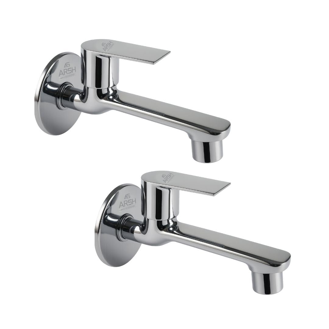 AR5H Set of 2 Brass Long Body Bib Cock Tap | Wall Mounted Water Saving Faucet | Chrome Finish Bathroom Kitchen Wash Basin Toilet Sink Tap (Long Nose Combo)-image-45