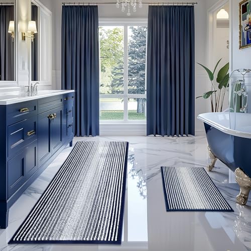 BSICPRO Bathroom Rugs and Mats Sets, 2 Piece Thick Absorbent Chenille Bath Mat Rug Set Non Slip, Soft Shaggy Bath Room Floor Mats for Bathroom, Machine Washable (Navy, 20" x 60" Plus 20" x 32")