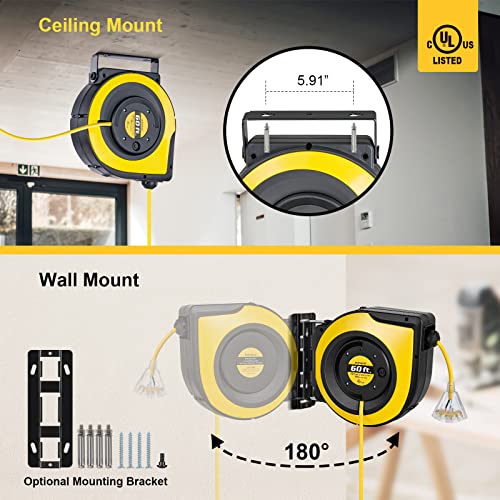 Suraielec 12 Gauge Extension Cord Reel, 60 Ft Retractable Extension Cord, 12 Awg/3C Sjtow Heavy Duty Power Cord, 15 Amp Circuit Breaker, Lighted Triple Tap, Ceiling Or Wall Mount, Ul Listed #TOP5