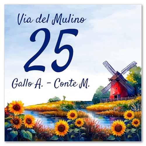 Caribu design Numero Civico Personalizzato da Esterno - Mattonella Ceramica 15,2x15,2 cm Targa Personalizzabile Casa Villa con Indirizzo Via Nome Famiglia Testo - Piastrella Quadrata Campagna Girasoli