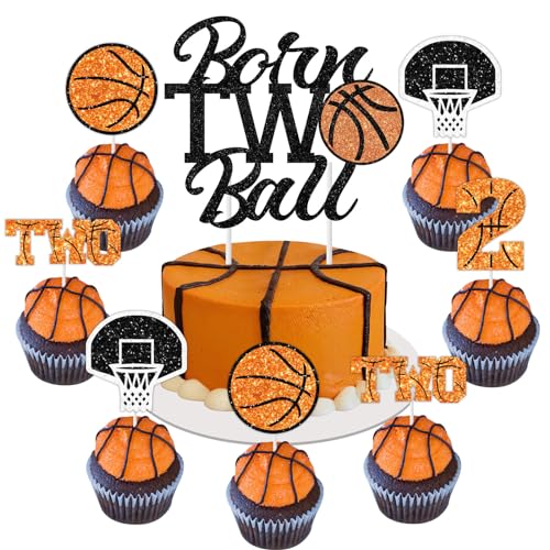 Sursurprise Basketball Birthday Party Decorations, 25Pcs Born 2 Ball Cake Topper, Basketball Cupcake Toppers, Sports Party Supplies for Boys 2nd Birthday
