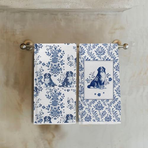 Image of Chinoiserie Bernese Mountain Dog Kitchen & Hand Towels Set of 2, Blue and White Floral Dog Dish & Tea Towels for Kitchen Bathroom Decor, Vintage Toile Dog Lover Gifts for Women 16x24 Inch