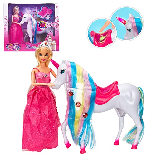 White Unicorn with Magic Light Horn and Fairy Tale Princess Doll 11.5â, W/Comb and Crystal Crown, Girls' Unicorn Doll Toys Gifts, Presents for Girl Kids Aged 3+