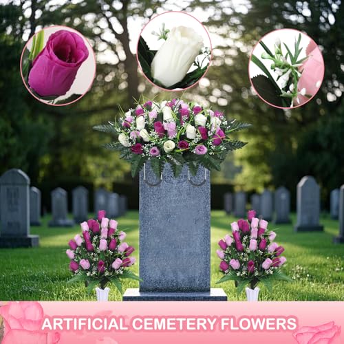 Lodou Artificial Cemetery Flower Saddles for Graves, Cemetery Memorial Flowers with Vase and 2 Memorial Bouquets for Grave Tombstone,Outdoor Grave Saddle Headstone Decorations (Pur image 2