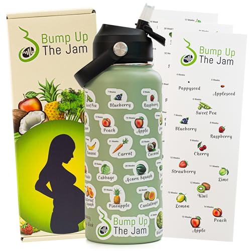 Pregnancy Water Bottle Tracker - 32 Ounce Stainless Steel - Includes Weekly Pregnancy Tracker Stickers (Pale Mint Color)