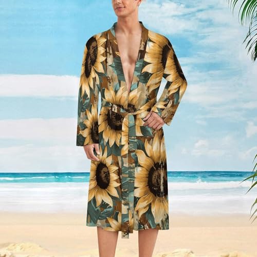 Sunflower Vintage Wood Funny Men's Robe Soft Lightweight Bathrobe Long-sleeve Spa Robes2