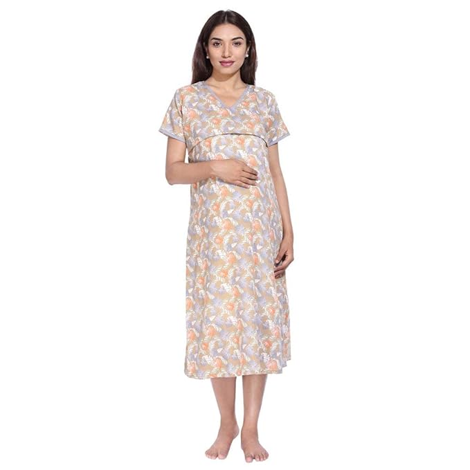 Tropical Feeding Nighty/Maternity Nightgown with Zip/Easy Breastfeeding/Use During Pregnancy & Later