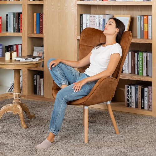 Sessel Relaxsessel Lehnstühle Polstersessel Einzelsofa mit Holzbein Ohrensessel für Wohnzimmer Schlafzimmer Büro Vanity, Stoff, Braun – Bild 3