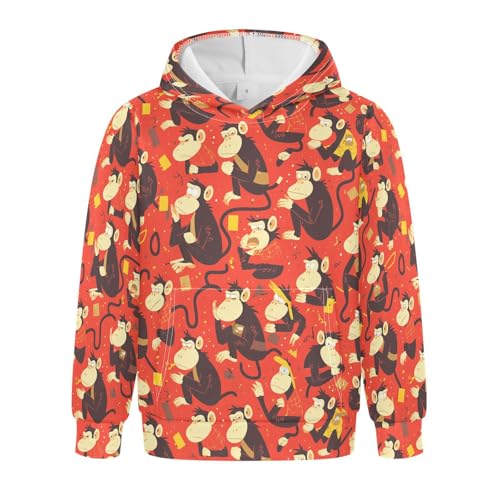 KLL Monkey Red Boys And Girls Sweatshirts Sweater Crewneck Hooded Pullover Hoodies Kangaroo Pocket