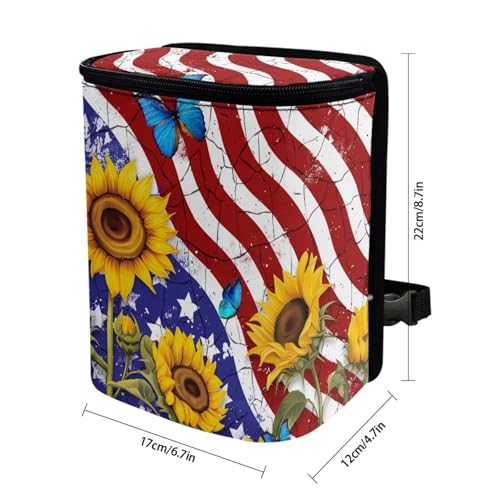 Image of 4th of July Car Trash Can with Lid Hanging Car Trash Bag Leak-Proof Portable Cars Garbage Bin Sedan Accessories Interior Cars Organizer, USA Flag Sunflower Print