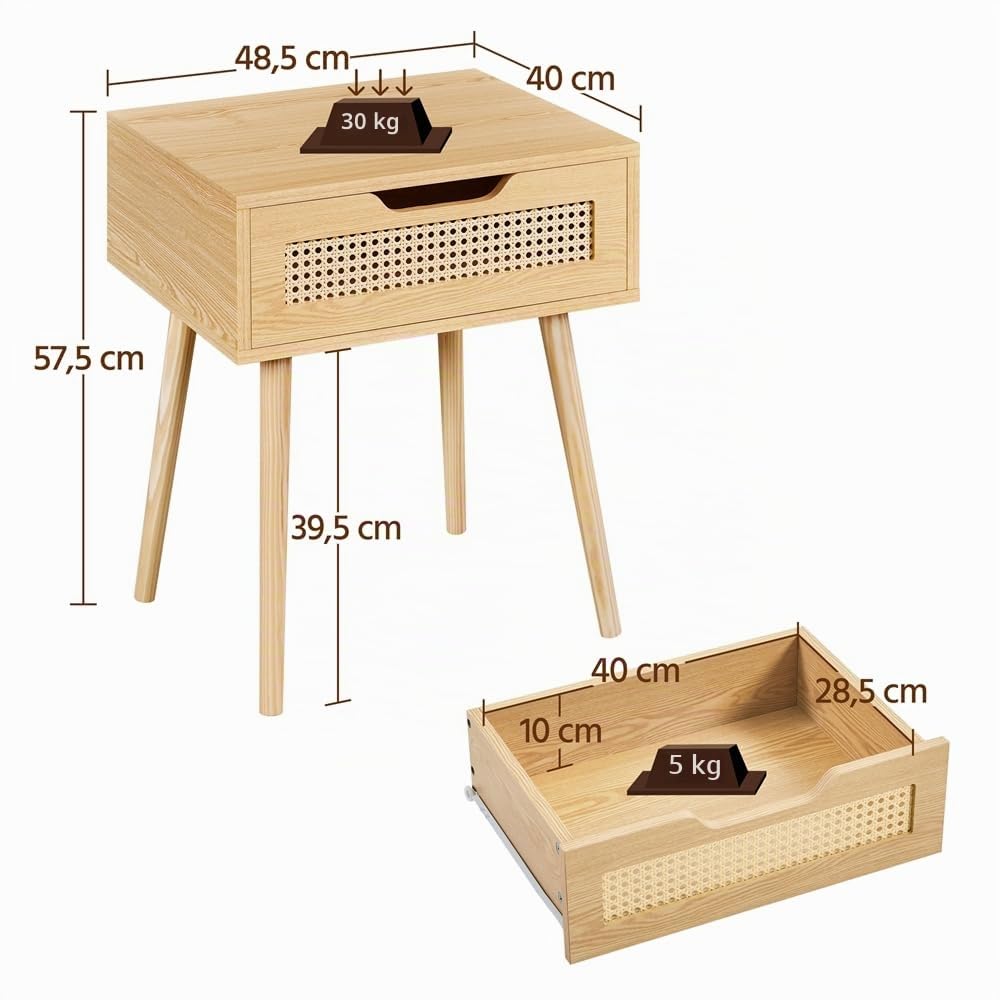 Yaheetech Comodino da Camera da Letto Comodinio con Cassetto in Rattan Comodino da Notte Stile Scandinavo Organizzatore da Letto Moderno Tavolino da Salotto in Legno 48,5 x 41 x 57,5 cm Marrone Chiaro