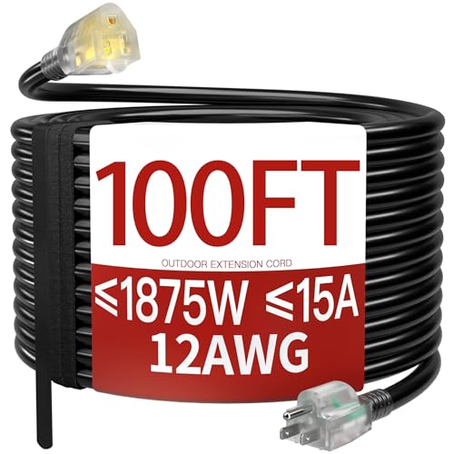 Image of 100 FT 12 Gauge Extension Cord Outdoor, Heavy Duty Weatherproof & Flame Retardant Black 3 Prong Power Cord with Light, Outside for Lawn & Garden, 15 Amps 1875 Watts 125 VAC 12AWG SJTW, ETL Listed