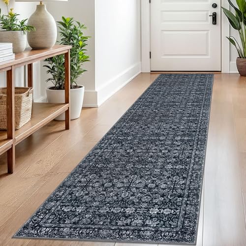 2x8 Black Navy Blue Washable Runner Rug for Hallways, Soft Classic Kitchen Rugs with Non-Slip, Non-Shedding Distressed Floral Carpet for Hallways Entryway Bedroom Bathroom Laundry Indoor