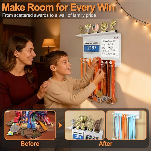 Image of Running Medal Hanger Display with Trophy Shelf, Race Bib Holder and Whiteboard, 2-Bar Medal Holder for 50+ Medals with Flag Magnets, Marker, Wall Mounted, White