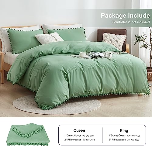 Frohaul Pom Pom King Duvet Cover,100% Cotton Duvet Cover King Size,Lightweight& Breathable Boho Sage Green Duvet Cover Set With Zipper Clousure-Bohemian Style(King,104X90'') #TOP1
