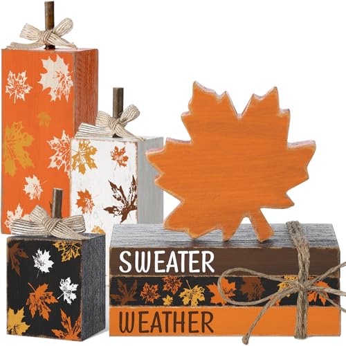 Bencailor 7 Pcs Fall Decorations for Home Maple Leafe Table Centerpiece Retro Harvest Wooden Stacked Book Bundle Fall Tiered Tray Decor Harvest Block Sign for Office Shelf Party Gift