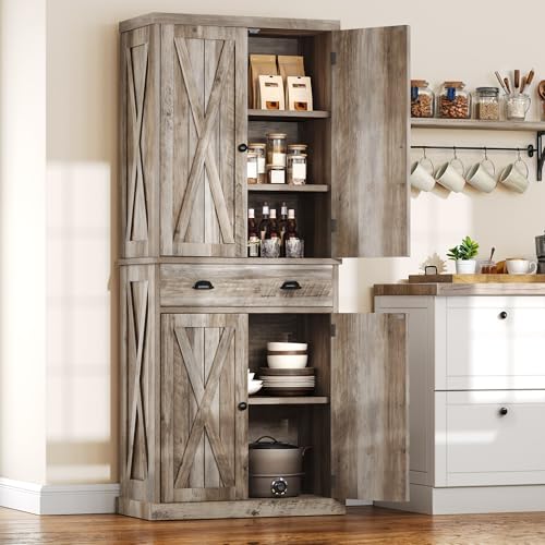 DWVO 72'' Farmhouse Kitchen Pantry, Rustic Wood Kitchen Storage Cabinets with Adjustable Shelves & Drawer, Tall Freestanding Cupboard for Dining Room, Living Room, Retro Gray