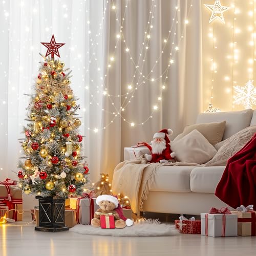 GAOMON 4.5ft Christmas Tree 2 Set with 200 Warm White LED Lights, Pre-Lit Snow Flocked Christmas Tree with X Shape Potted Base, Artificial Xmas Tree with Red Berries, Decoration for Home, Entrances