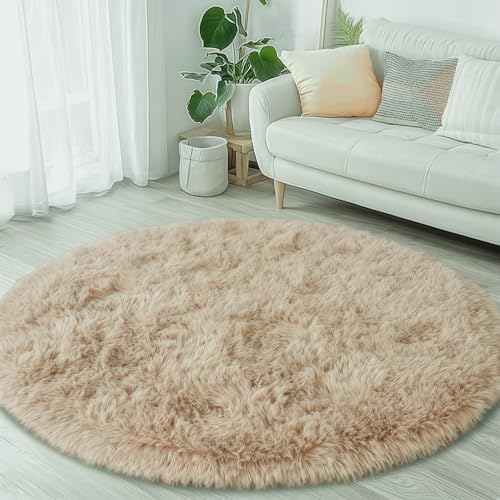 Beige Round Rugs for Bedroom 4x4 ft - Ultra Soft Faux Fur Area Rug - Plush Non-Slip Shaggy Carpet for Living Room, Cozy Fluffy Rug for Kids Boys Girls Dorm Nursery Room, High Pile Floor Carpet