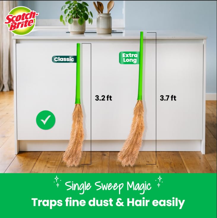 Image of Scotch-Brite Classic Floor Broom | Flat Fibers Pick Fine Dust & Hair | Long Handle for No Bending | No Dust Shedding | Lightweight & Long Lasting