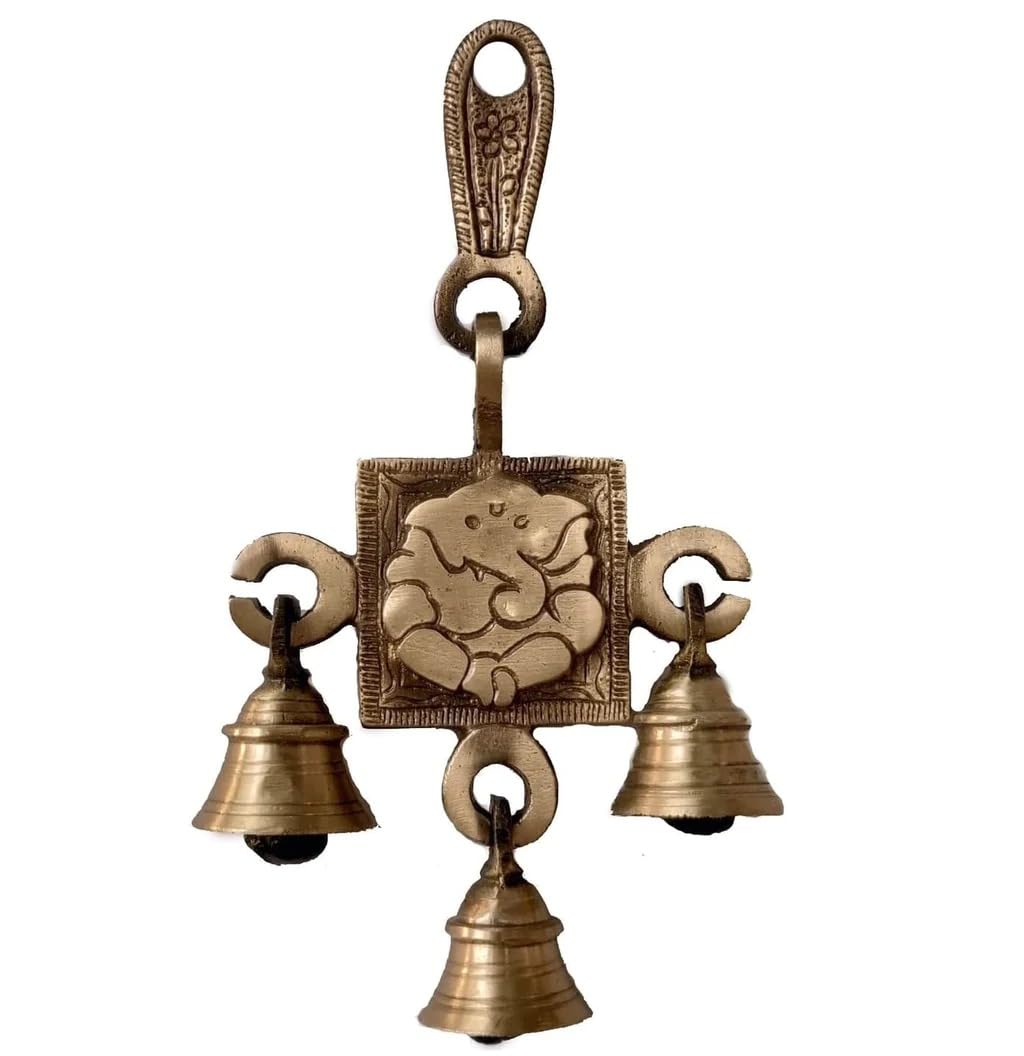 TEDICART Brass New Ganesha Bells Wall Hanging Idol Decorative Showpiece Antique Finish Ganesh Wall Art Decor Statue