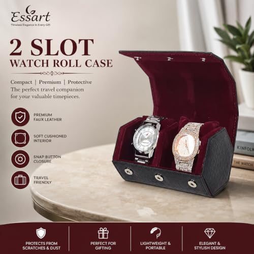 Image of essart Faux Leather Watch Roll Case, Black, 2 Slot