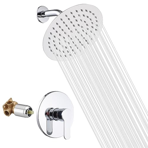 Chrome Shower Faucet GGStudy Single Function Shower Trim Kit with Rough-in Valve Shower Set Bath Rainfall Shower Faucet System 8inch Round Stainless Steel Metal Shower Head