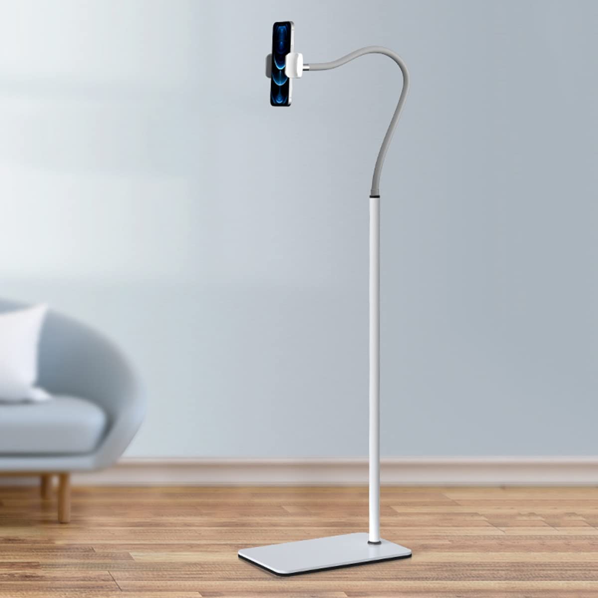 BKHsgDXJ Phone stand Gooseneck Long Arm Cell with Adjustable Height,360 Rotating,for Bedside,Sofa,Floor,Standing Sitting Lying(White)