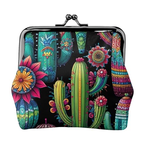 Pu Leather Buckle Coin Purse Colorful-Cactus-Pattern Girls Kiss-Lock Change Purse Wallets