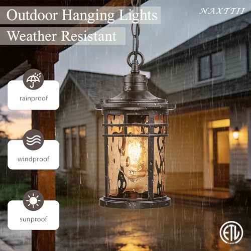 Image of Outdoor Hanging Lantern Light Dusk to Dawn Hanging Porch Light Anti-Rust Aluminum Outdoor Chandelier for Front Door Gazebo E26 Socket Oil Rubbed Bronze Finish