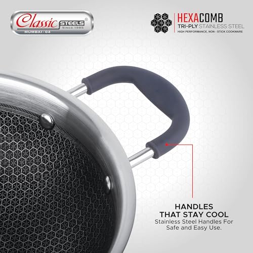 Image of Classic Steels Hexa Comb Triply Kadai with Steel Lid - 1 LTR (18cm) | Stainless Steel Non-Stick Kadhai for Cooking | Gas & Induction Compatible | 2.5mm Thickness | Durable Stay Cool Silicon Handle