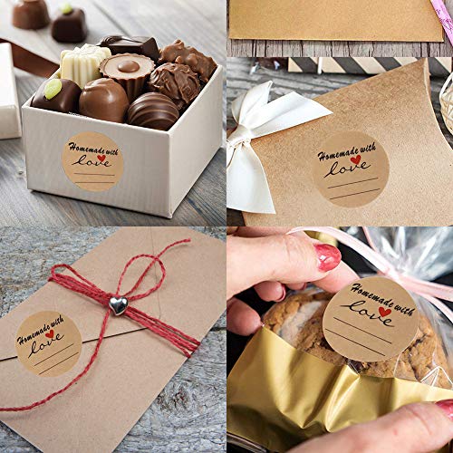2" Round Kraft Homemade With Love Sticker With Lines For Writing, Black Font And Red Heart Canning Labels, 500 Labels Per Roll #TOP2