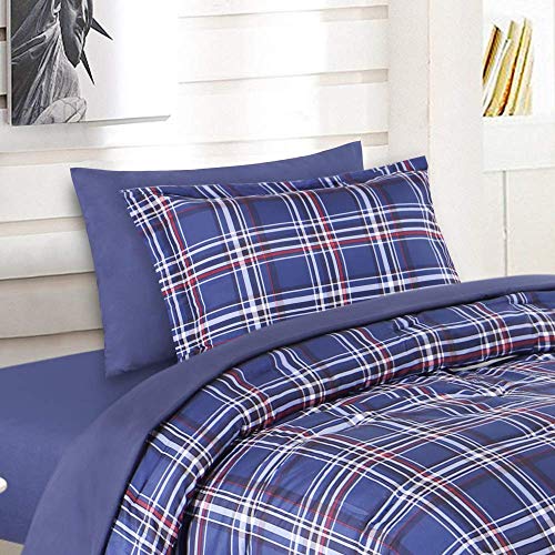 Image of EMME Twin Comforter Set Bed in a Bag Plaid, 5 Piece Navy Blue Bedding Sets Twin Size with Sheets, Twin XL Comforter, Pillowcase&Sham, Soft Down Alternative Bed Set for All Season